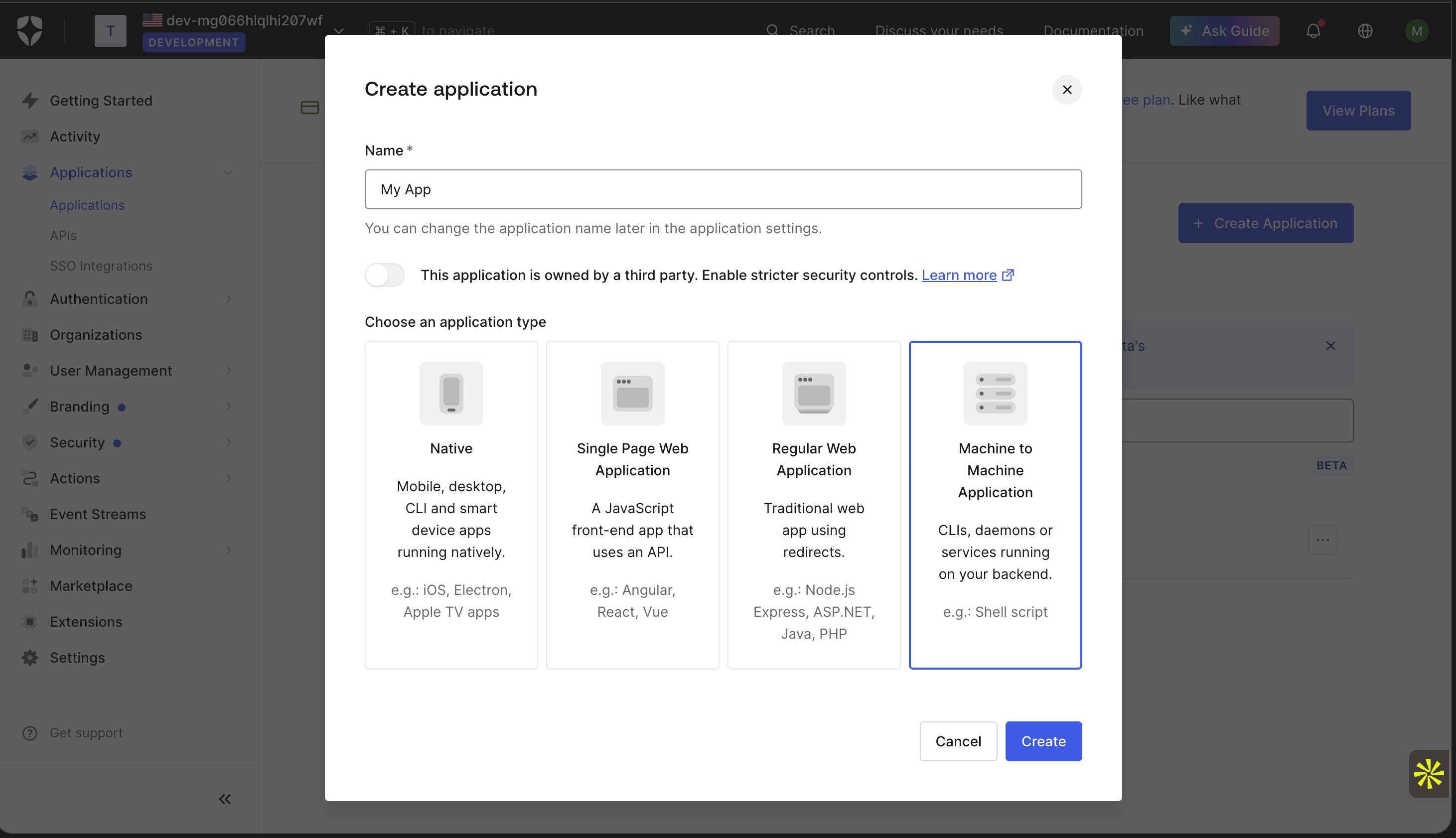 Auth0 Dashboard's Create application dialog with the Name field filled in and the Machine to Machine Application type selected