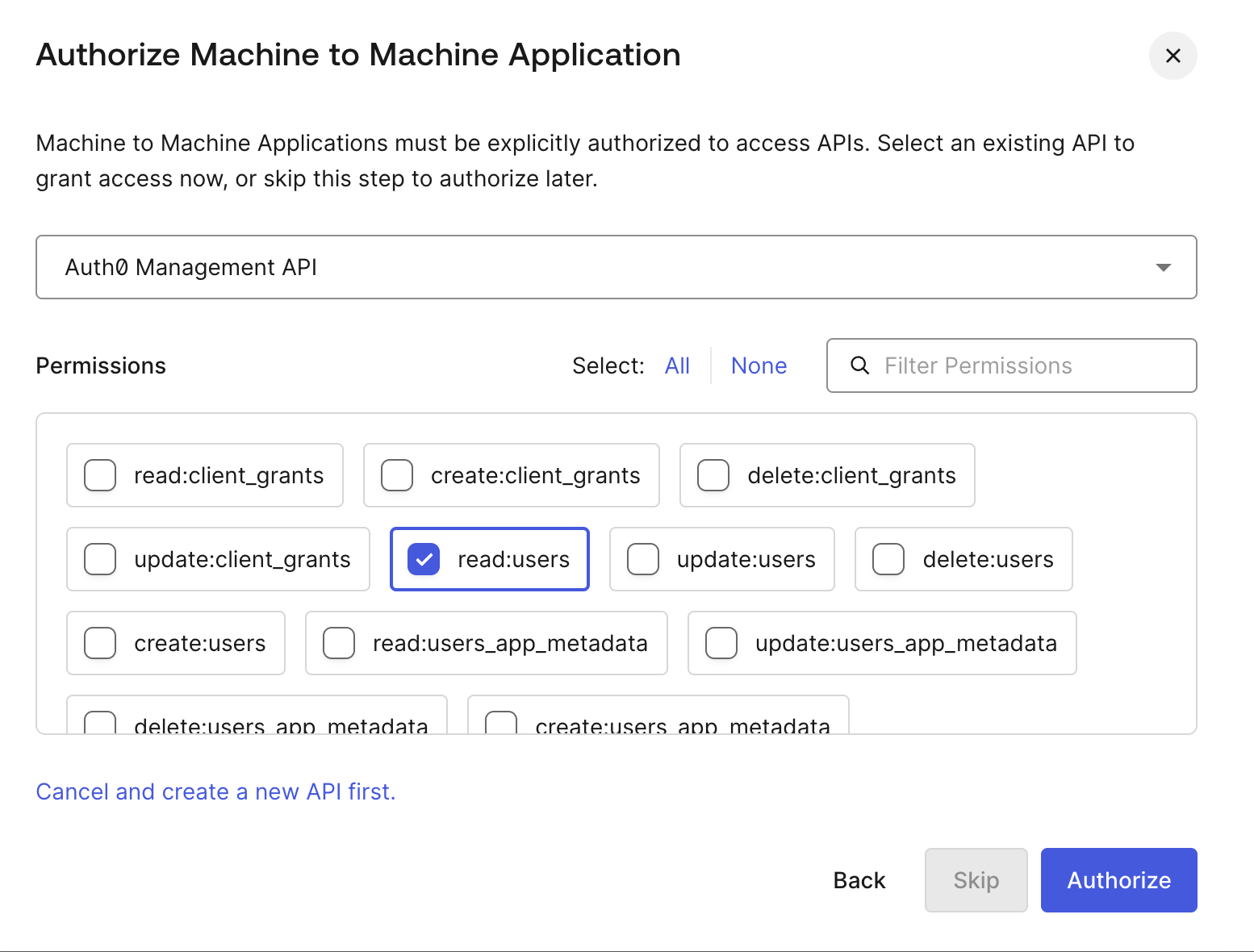 Auth0's Authorize Machine to Machine Application dialog with the Auth0 Management API selected and the read:users permission checked