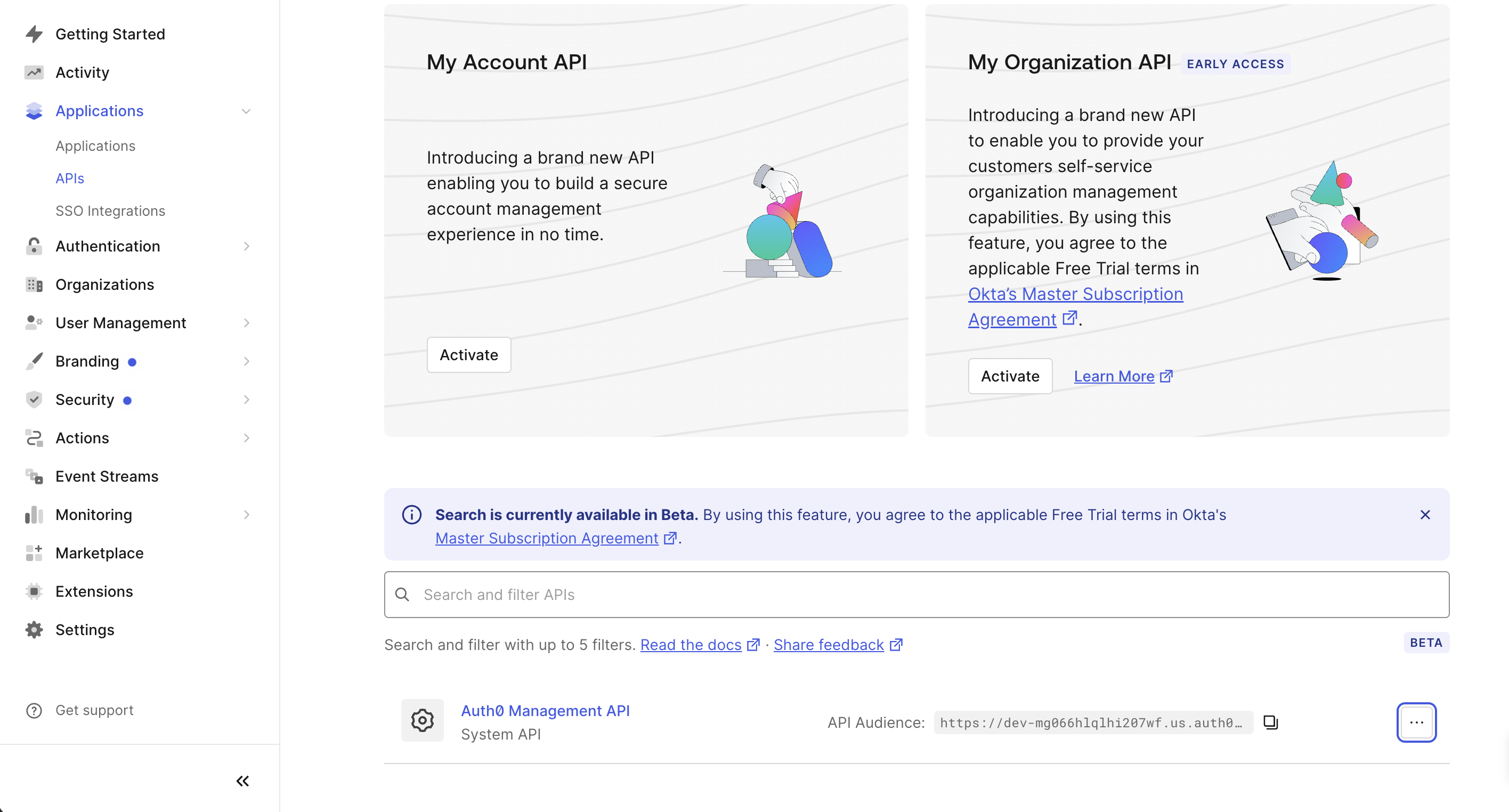 Auth0 Dashboard's APIs page with the Auth0 Management API listed as a System API alongside its API Audience