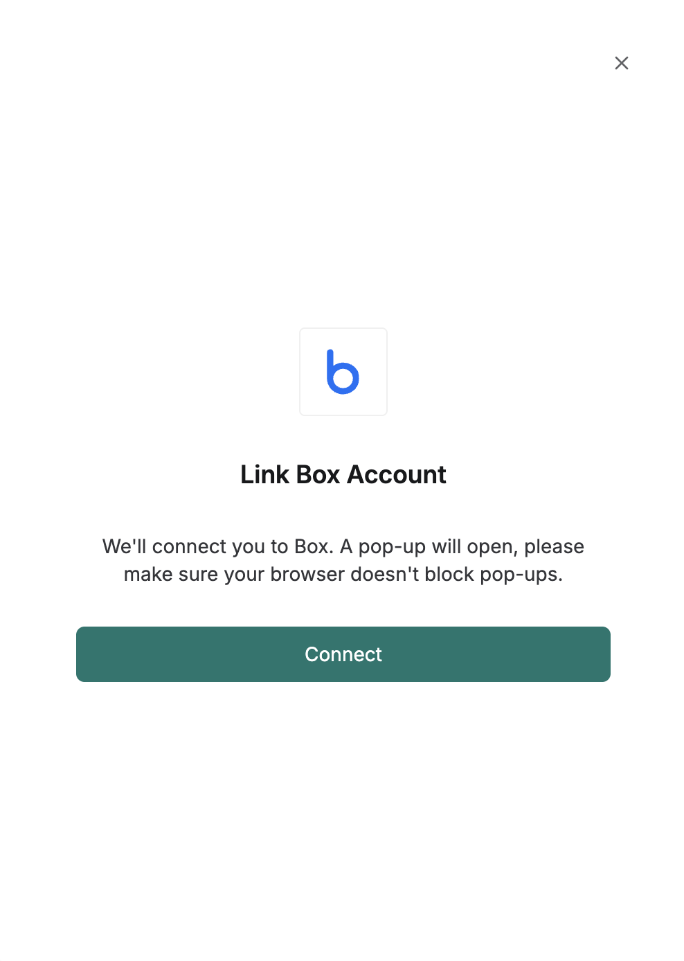 DSALTA's Link Box Account panel stating that a pop-up will open, with a Connect button