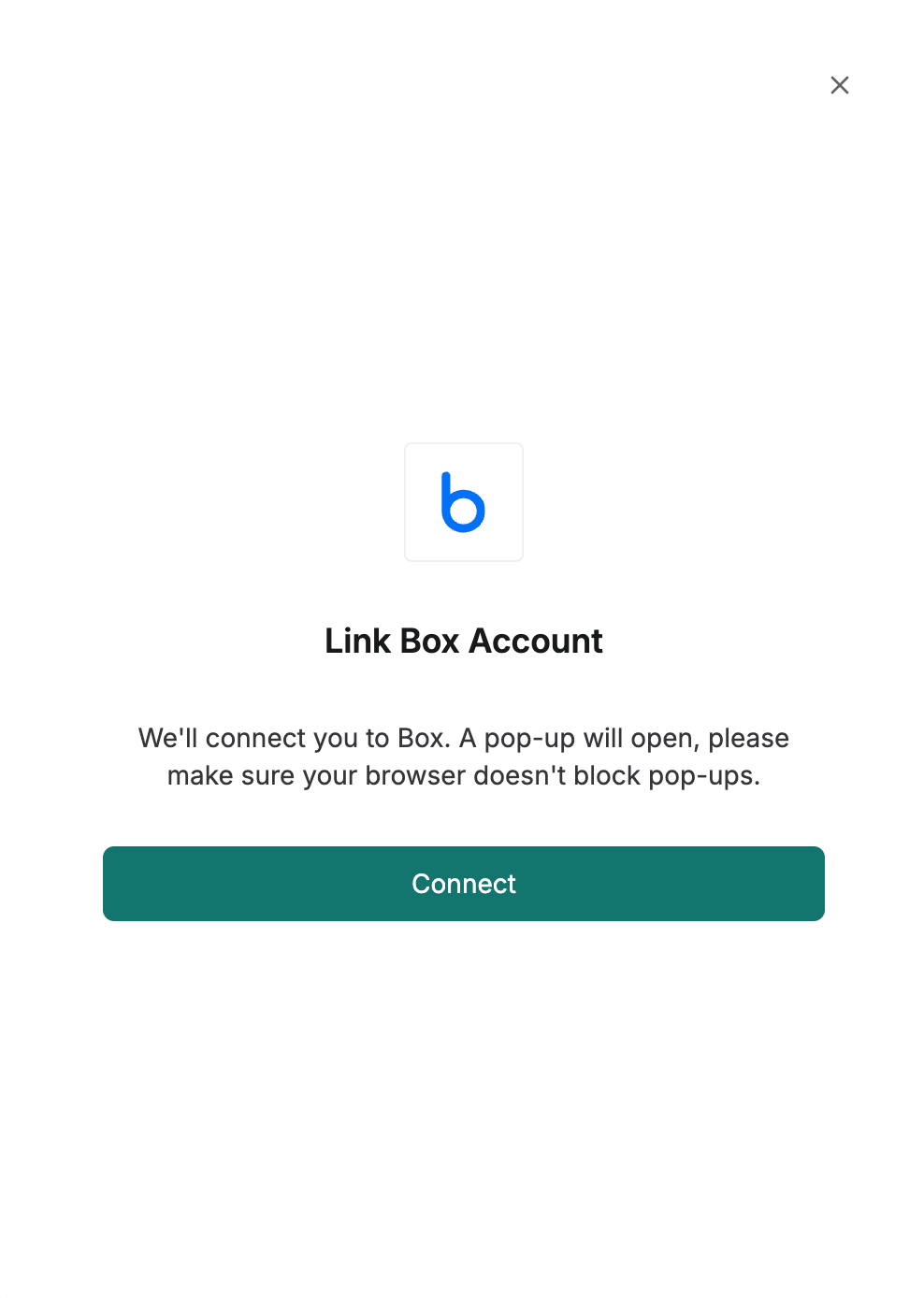 DSALTA's Link Box Account panel stating that a pop-up will open, with a Connect button