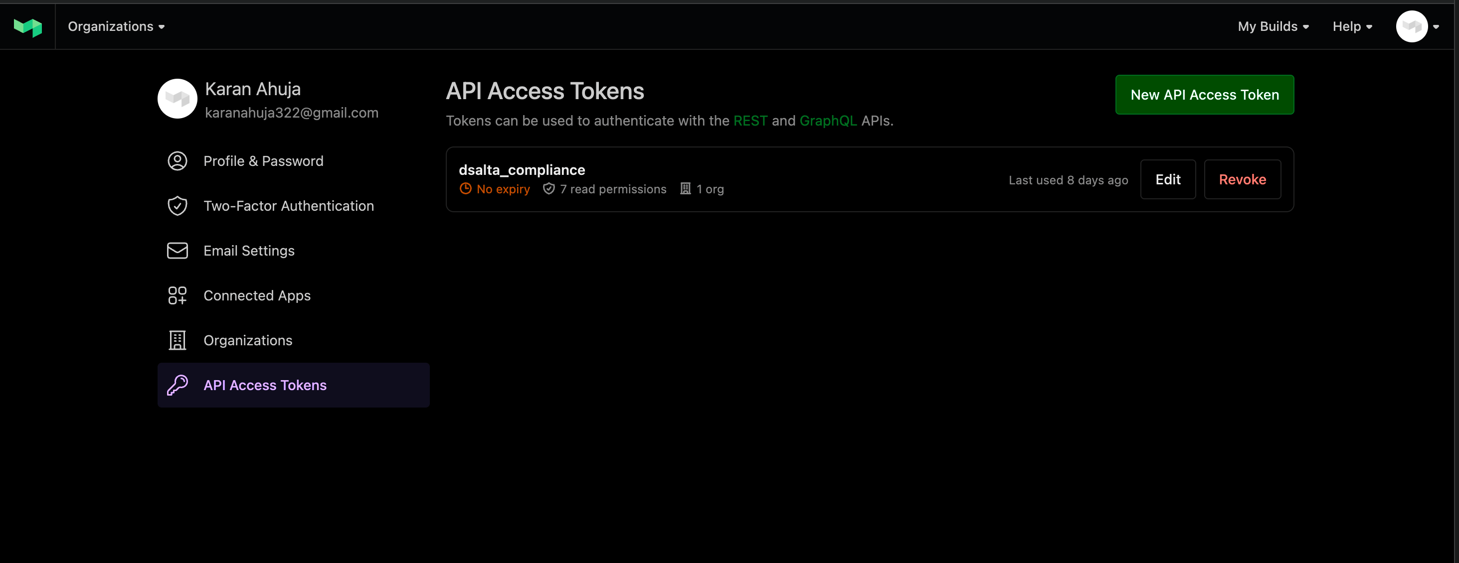 Buildkite's API Access Tokens page with the New API Access Token button and an existing token showing no expiry, 7 read permissions and 1 org
