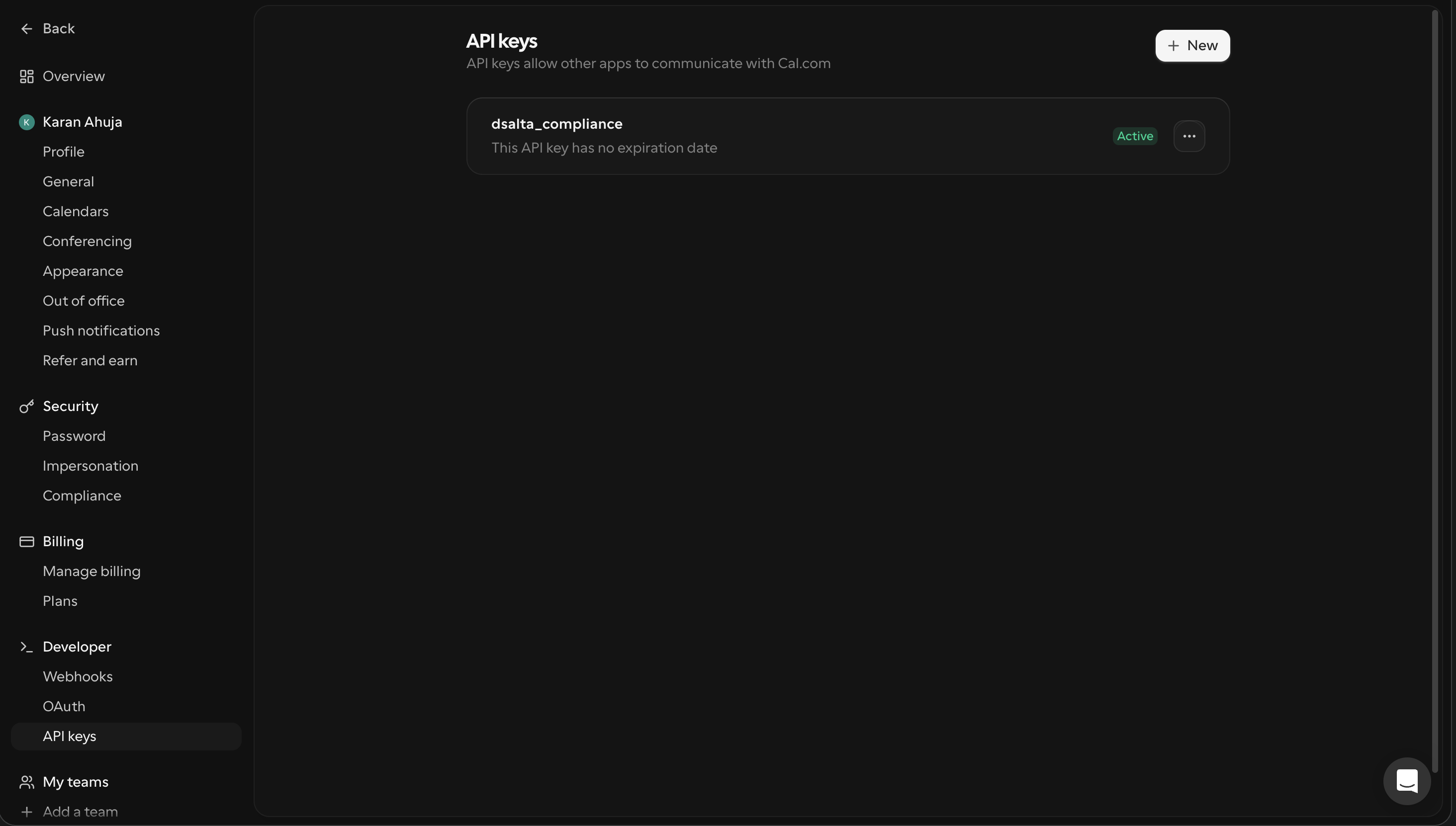 Cal.com settings with Developer, API keys selected in the sidebar, showing the API keys page with a New button and an existing key named dsalta_compliance marked Active with no expiration date