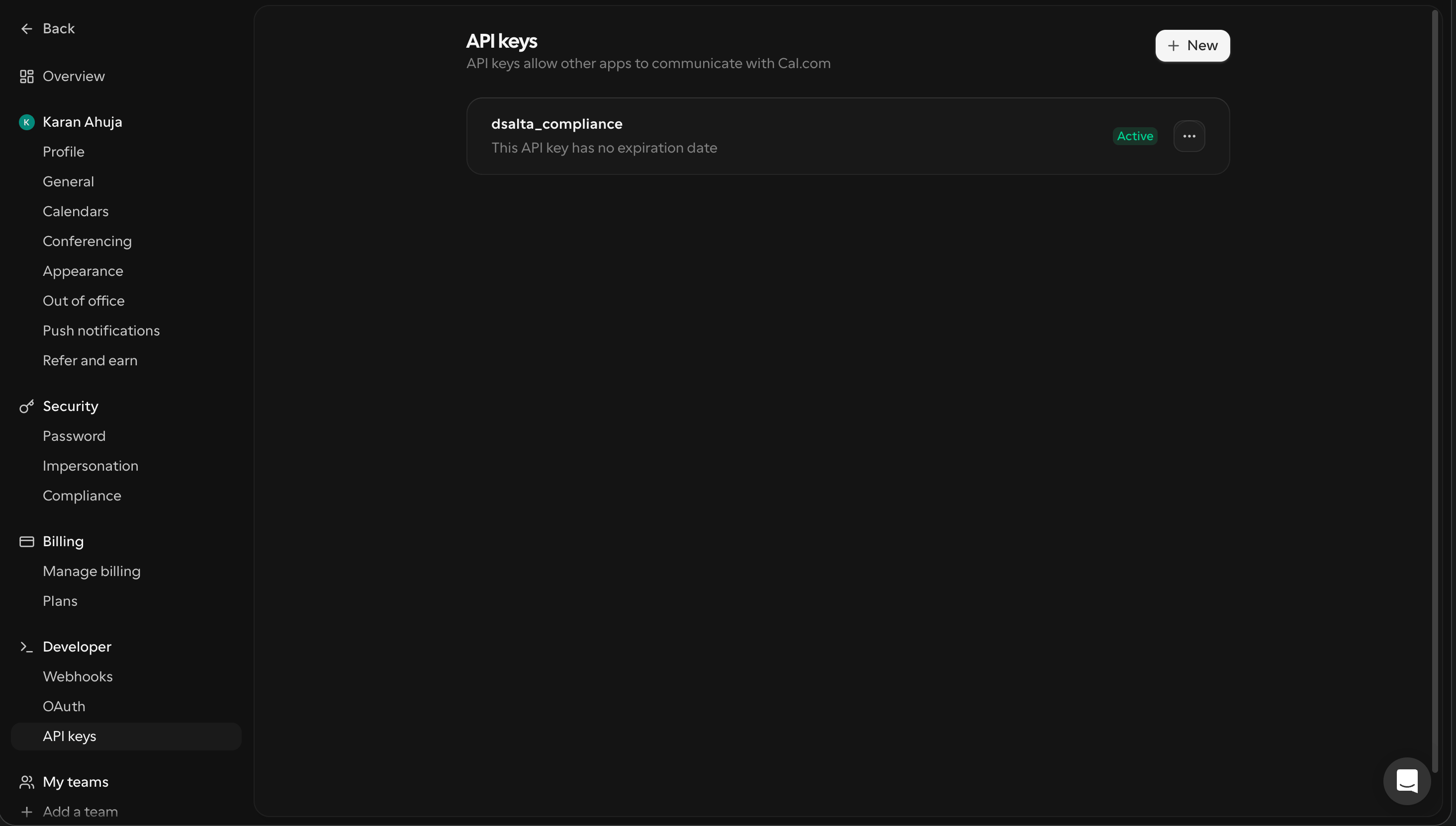 Cal.com settings with Developer, API keys selected in the sidebar, showing the API keys page with a New button and an existing key named dsalta_compliance marked Active with no expiration date