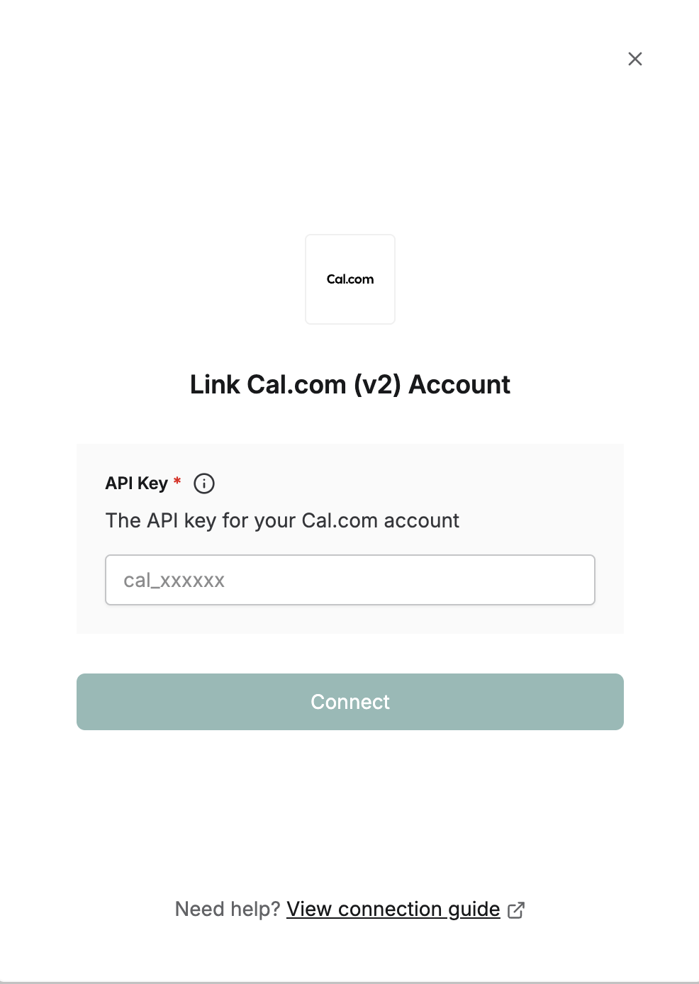 DSALTA Link Cal.com (v2) Account panel with a required API Key field showing the placeholder cal_xxxxxx and a Connect button