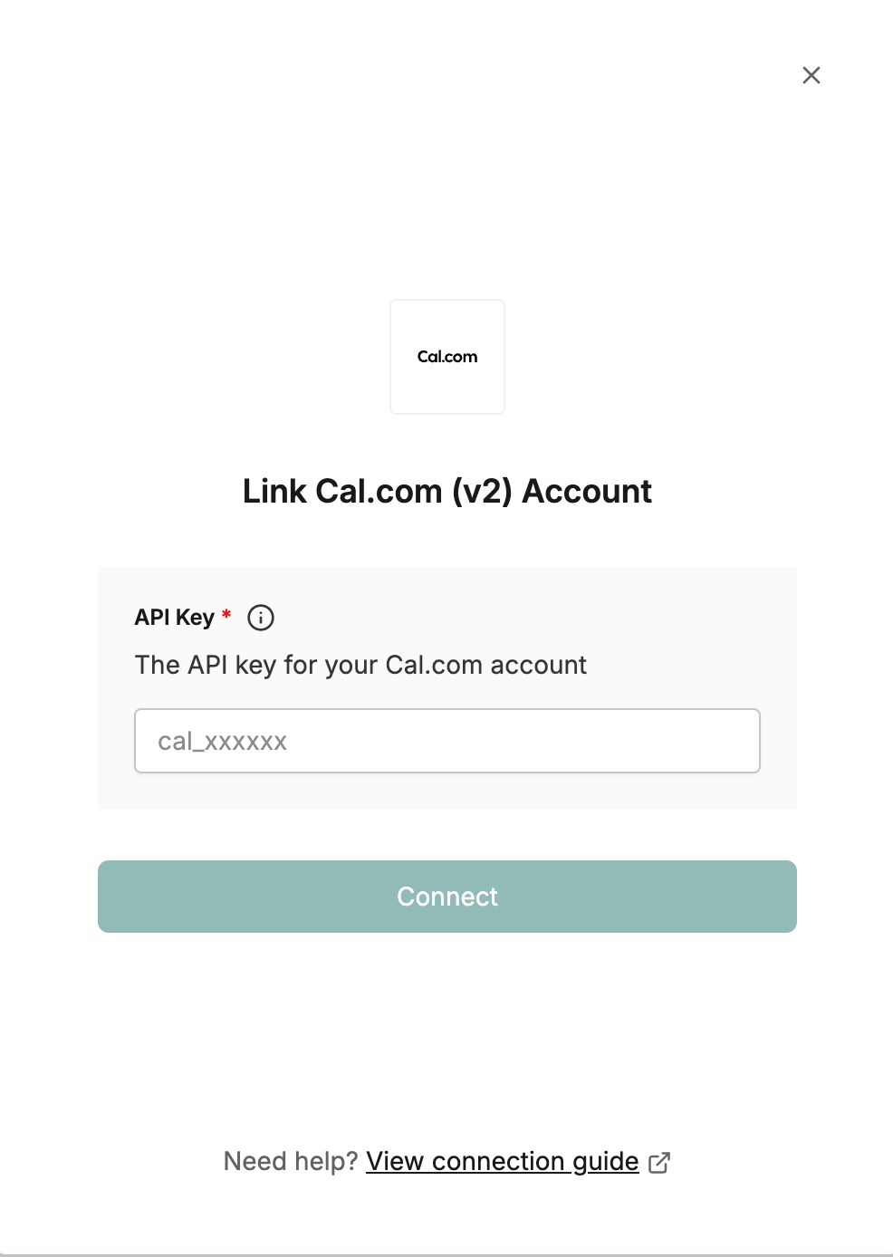 DSALTA Link Cal.com (v2) Account panel with a required API Key field showing the placeholder cal_xxxxxx and a Connect button