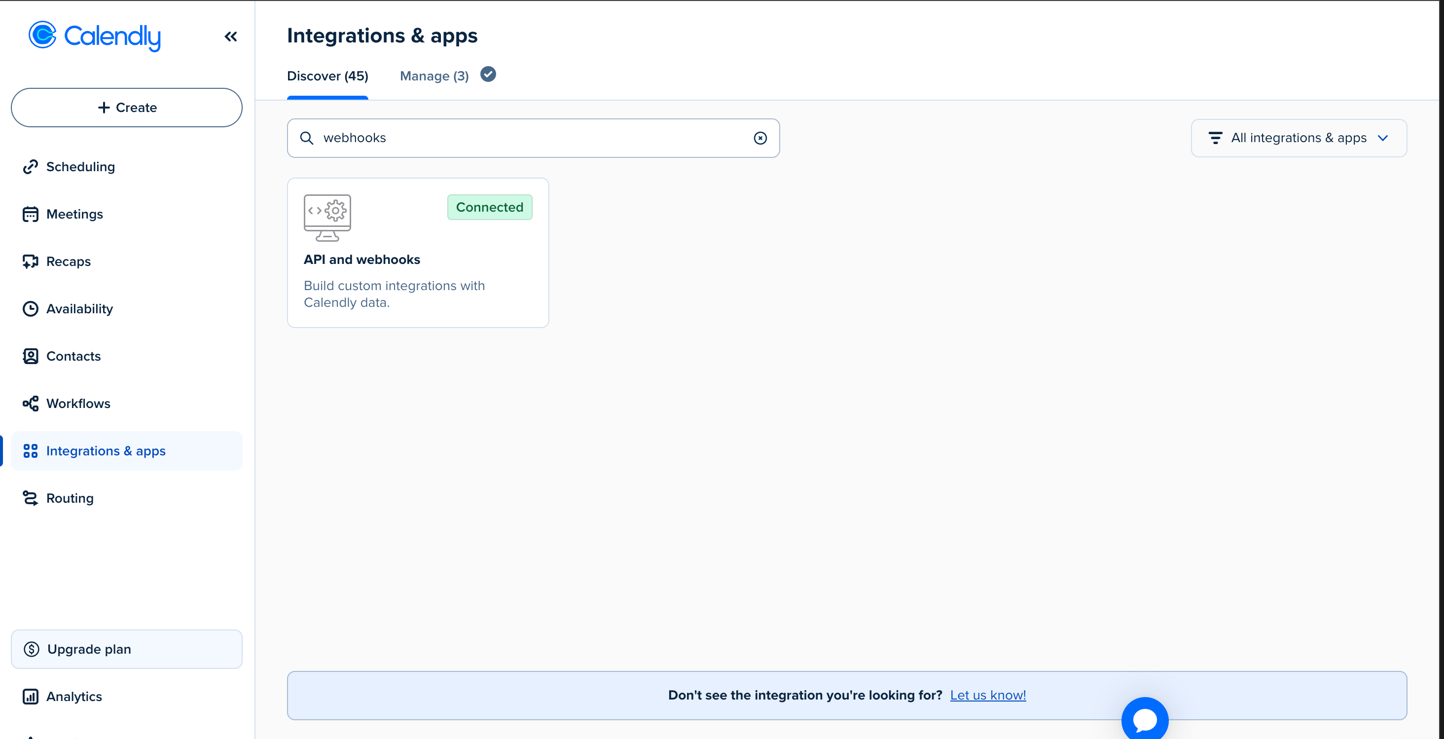 Calendly Integrations & apps page with webhooks typed in the search box and the API and webhooks card showing a Connected badge