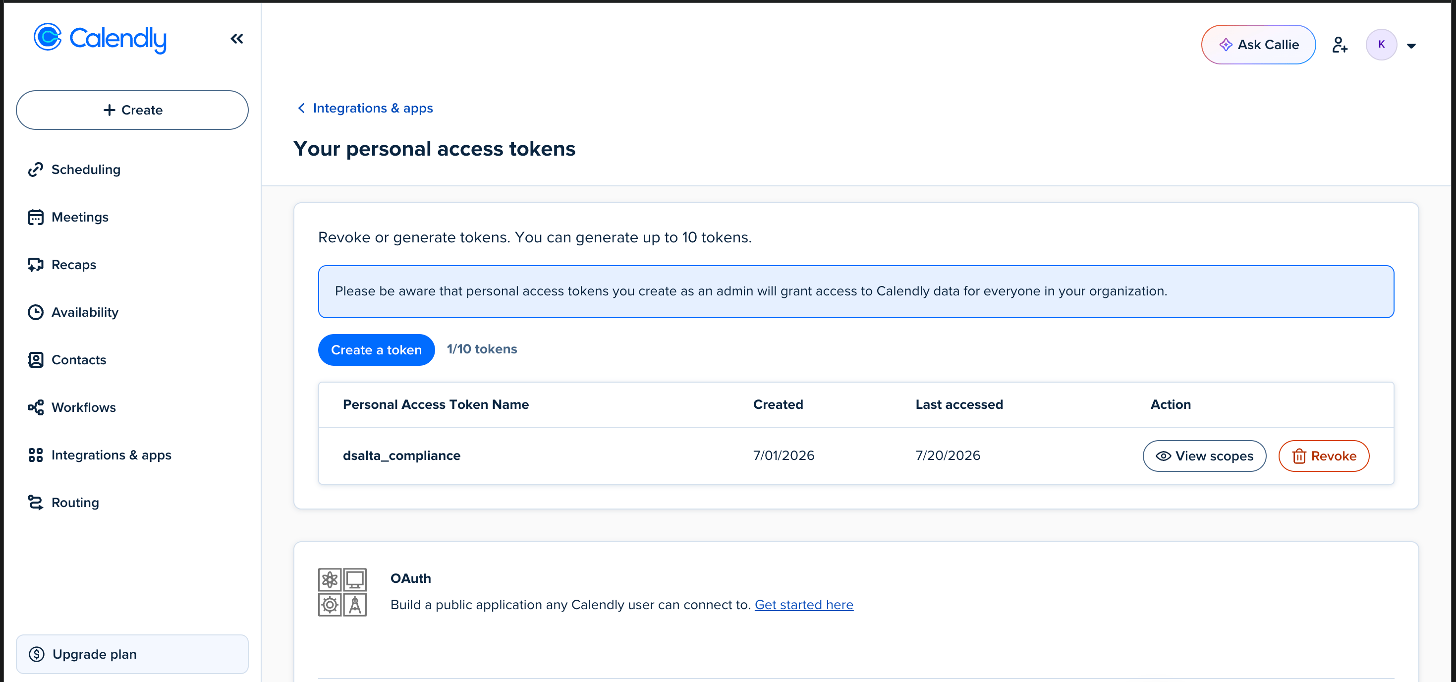 Calendly Your personal access tokens page with the Create a token button, a 1/10 tokens counter, and a token named dsalta_compliance listed with View scopes and Revoke actions