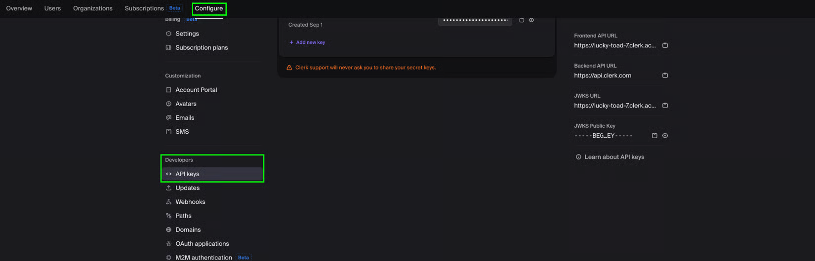 Clerk Dashboard with Configure selected in the top nav and Developers > API keys highlighted in the sidebar