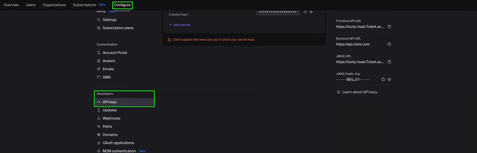 Clerk Dashboard with Configure selected in the top nav and Developers > API keys highlighted in the sidebar