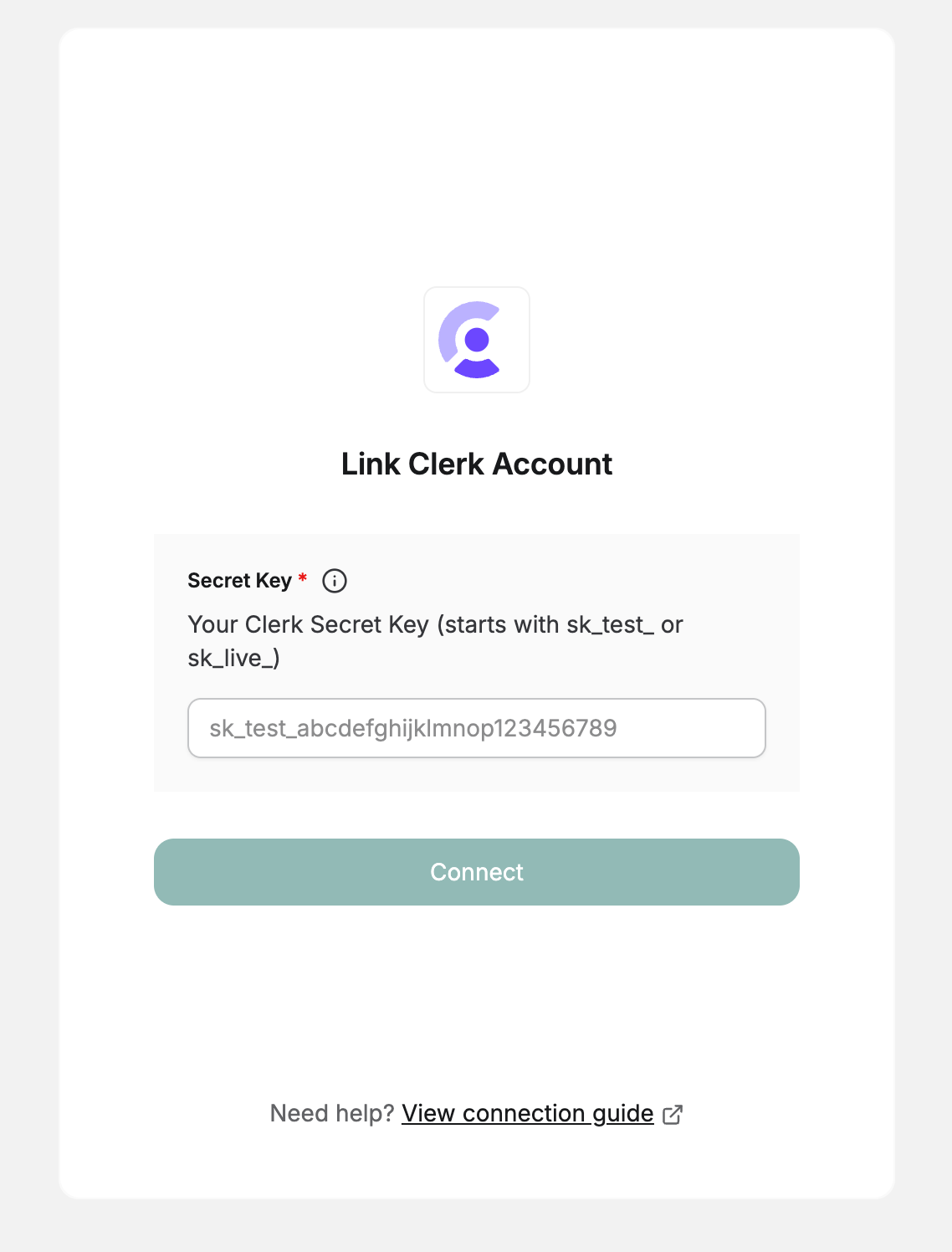DSALTA's Link Clerk account panel with a Secret Key field