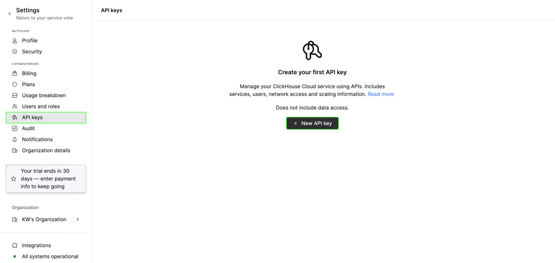 ClickHouse Cloud organization settings with API keys selected and the New API key button