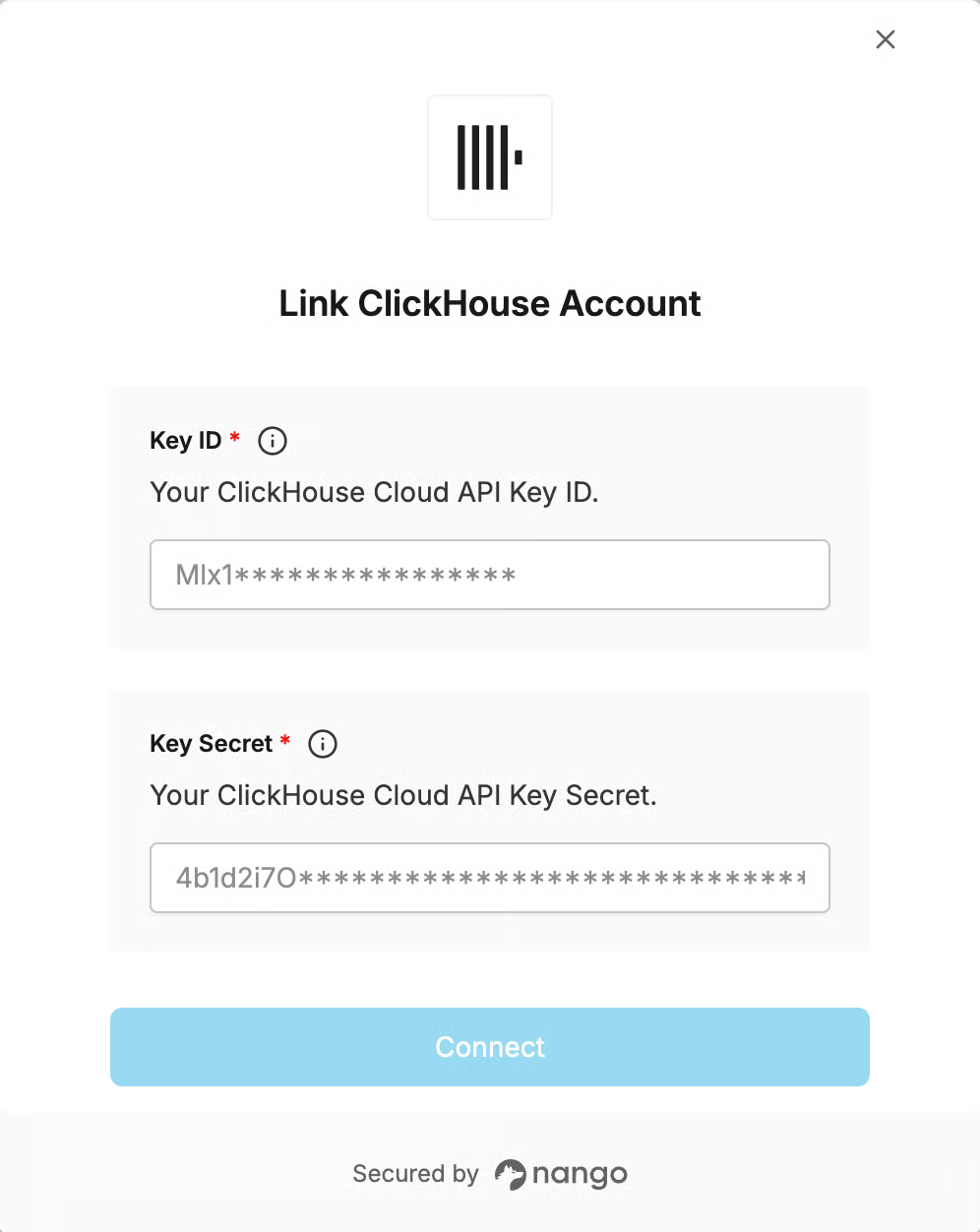 DSALTA's Link ClickHouse account panel with Key ID and Key Secret fields