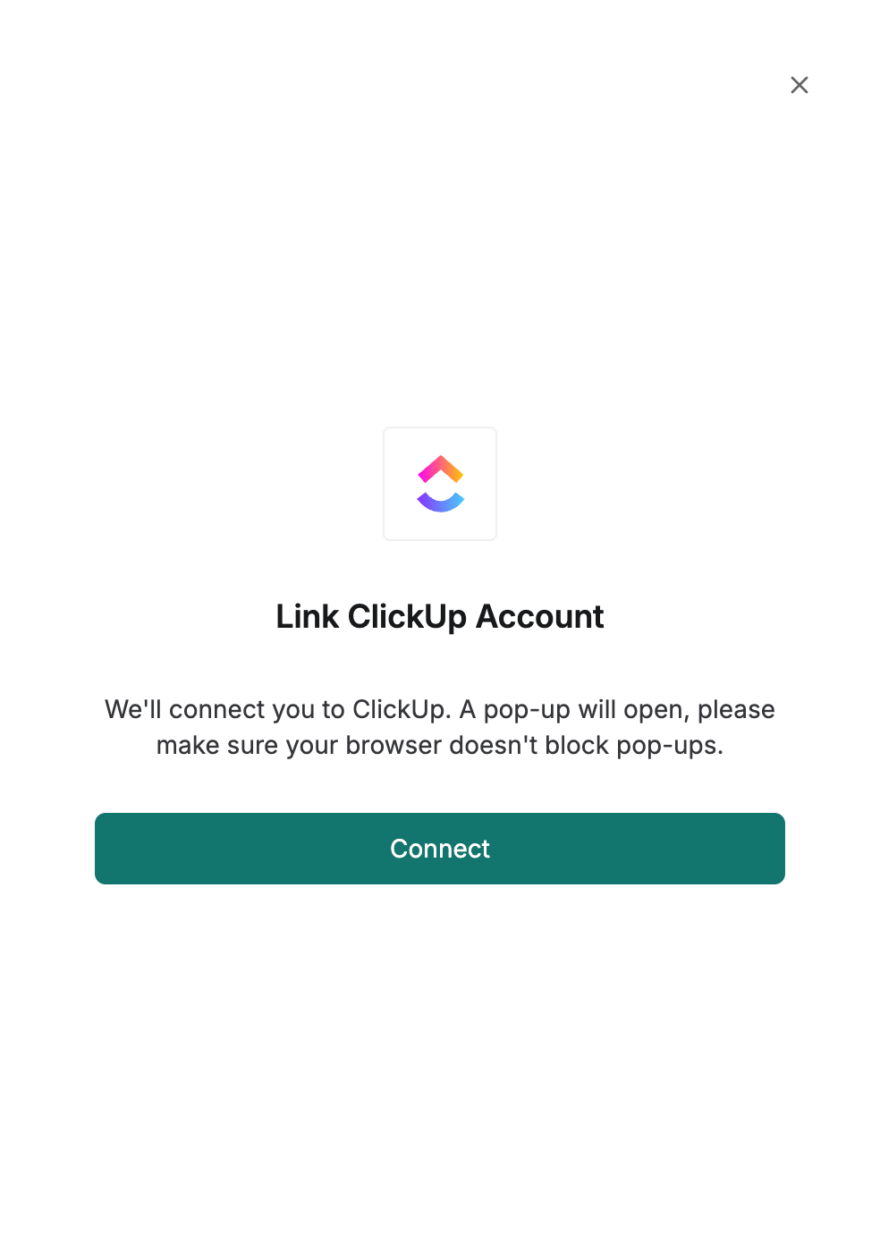 DSALTA Link ClickUp Account panel stating that a pop-up will open and that the browser must not block pop-ups, with a Connect button