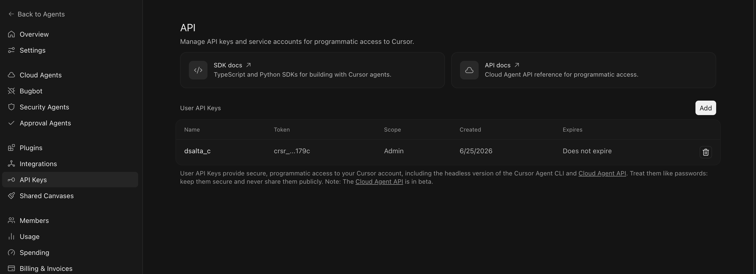 Cursor's API page with API Keys selected in the sidebar and the Add button above the User API Keys table