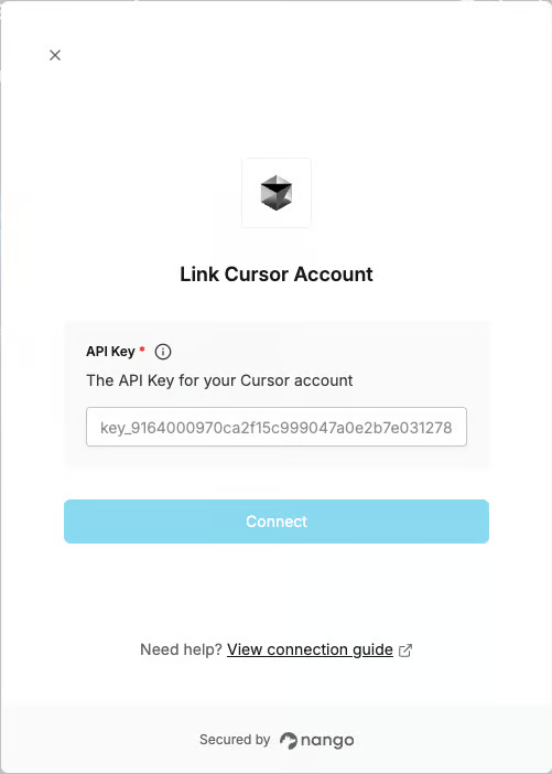 DSALTA's Link Cursor account panel with an API Key field