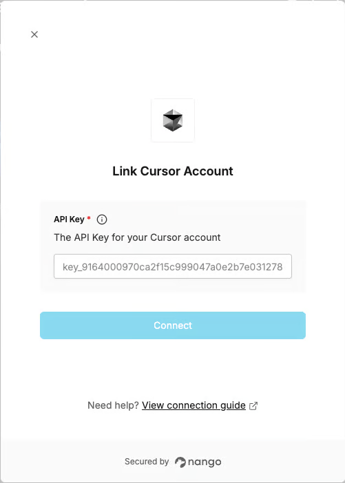 DSALTA's Link Cursor account panel with an API Key field