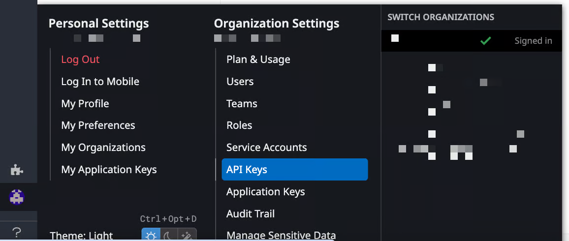 Datadog account menu with the Organization Settings column open and API Keys highlighted, alongside Plan & Usage, Users, Teams, Roles, Service Accounts, Application Keys and Audit Trail