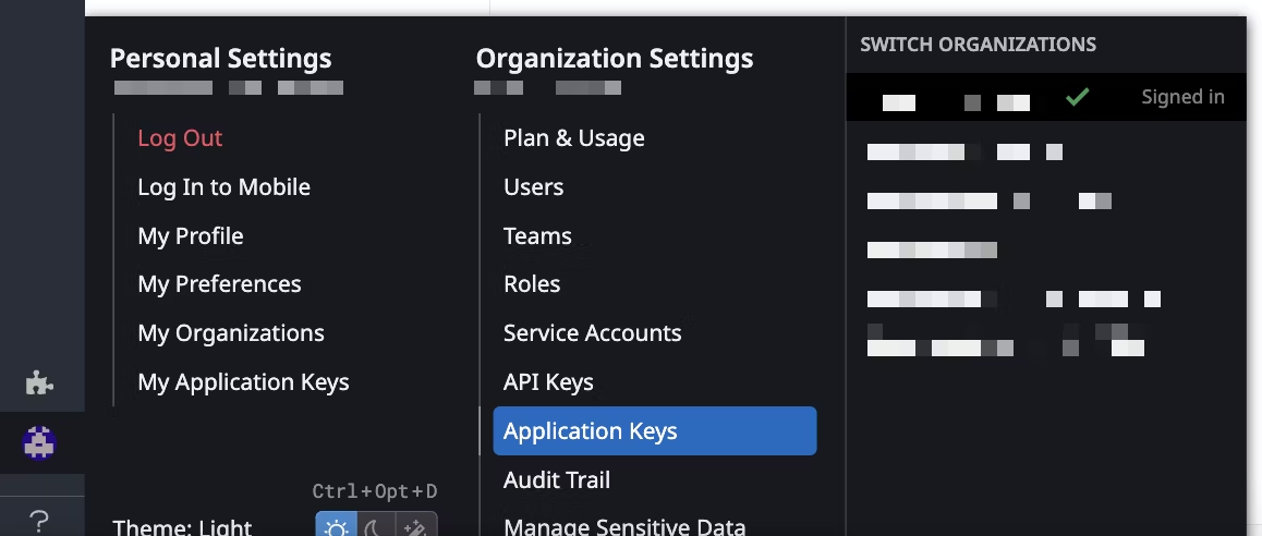 Datadog account menu with the Organization Settings column open and Application Keys highlighted, directly below API Keys