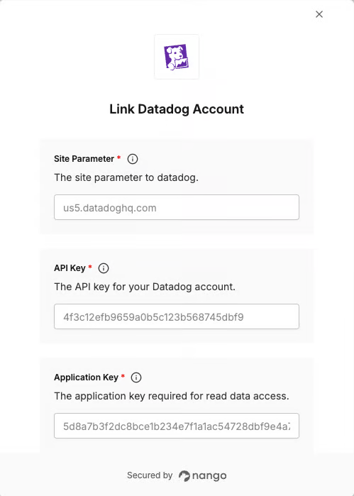 DSALTA Link Datadog Account panel with required Site Parameter, API Key and Application Key fields, each showing example values as placeholder text