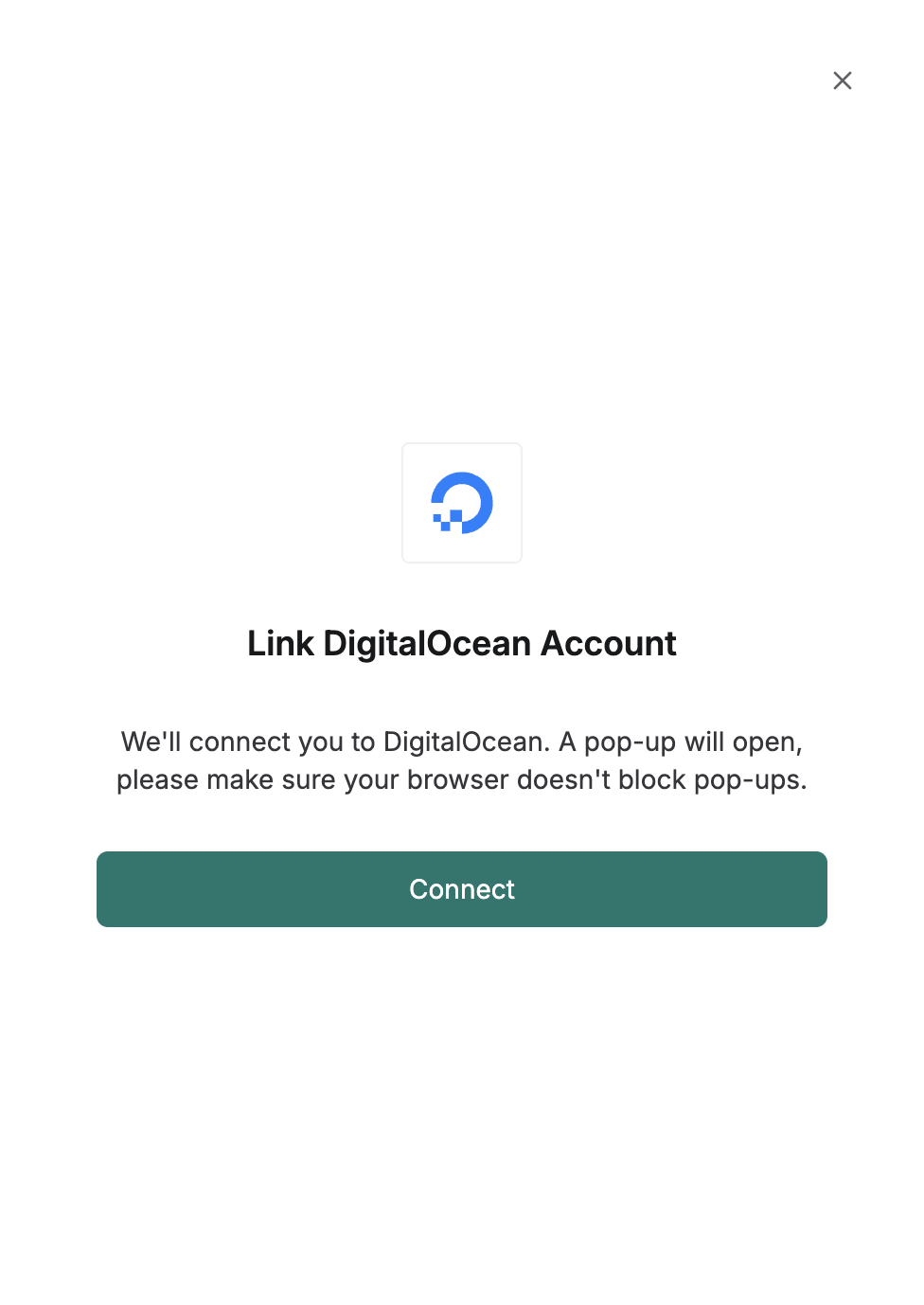 DSALTA's Link DigitalOcean Account panel warning that a pop-up will open, with a Connect button