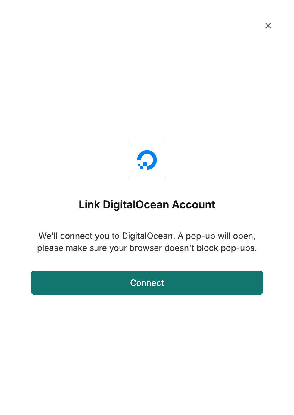 DSALTA's Link DigitalOcean Account panel warning that a pop-up will open, with a Connect button