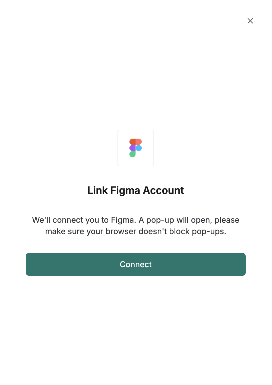 DSALTA's Link Figma Account panel warning that a pop-up will open, with a Connect button