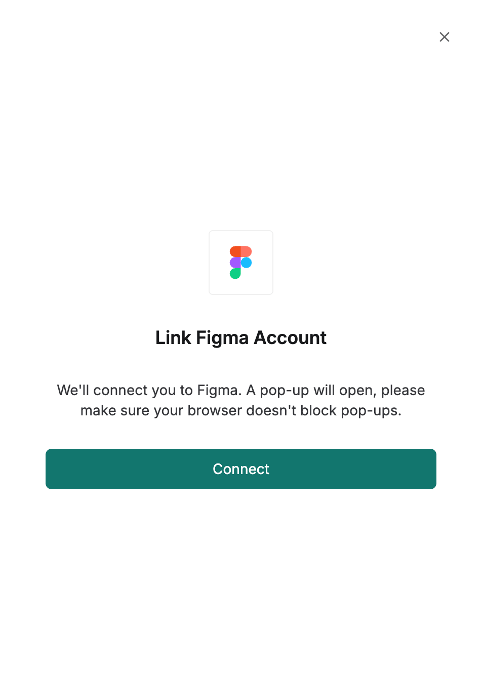 DSALTA's Link Figma Account panel warning that a pop-up will open, with a Connect button