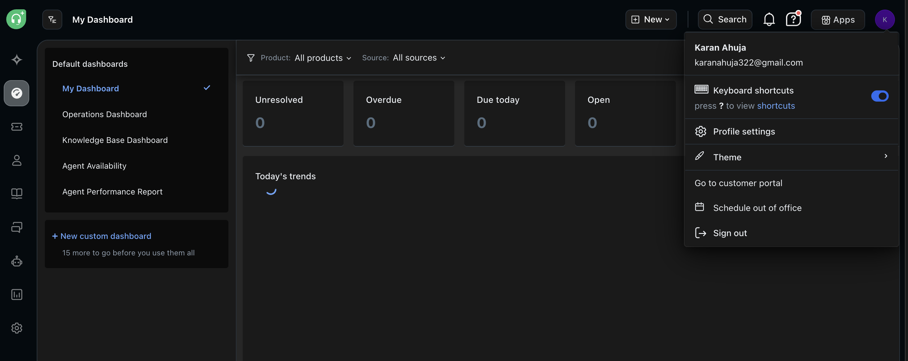 Freshdesk dashboard with the account menu open in the top right showing the Profile settings entry