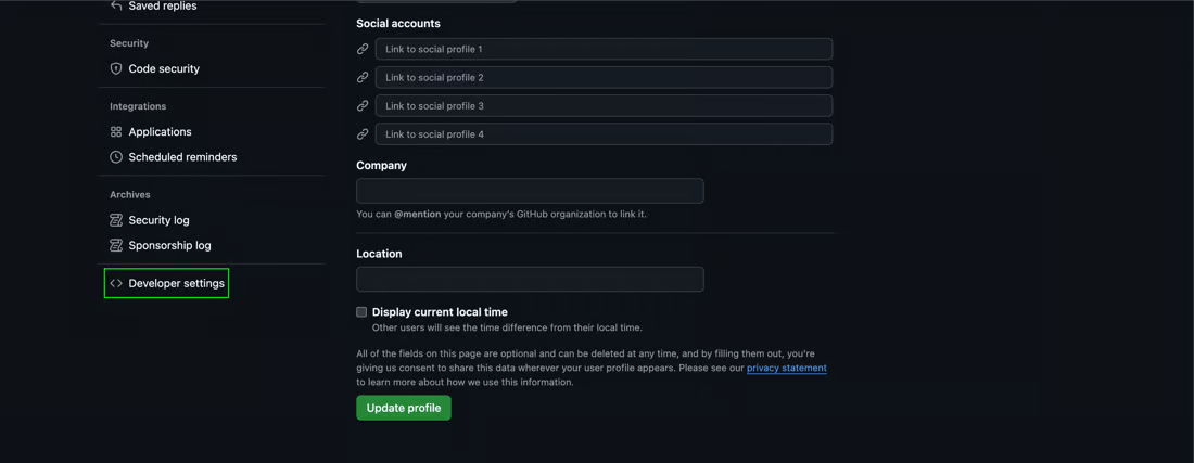 GitHub user settings with Developer settings highlighted at the bottom of the sidebar, below Code security, Applications and the Archives section