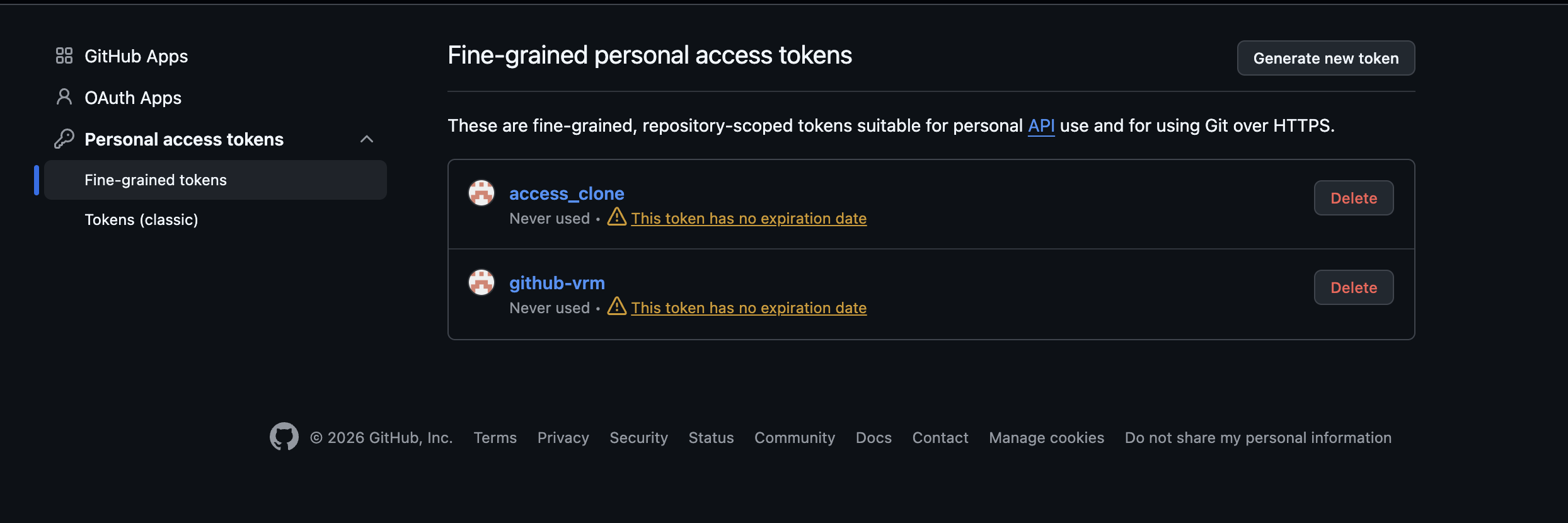 GitHub's Fine-grained personal access tokens page with the Generate new token button and two existing tokens listed