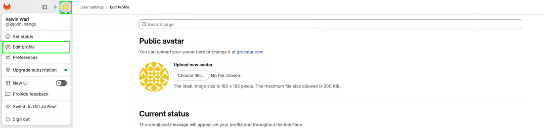 GitLab avatar menu open with Edit profile highlighted, and the User Settings Edit Profile page behind it