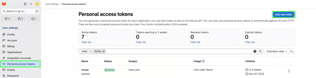 GitLab User settings Personal access tokens page with the Add new token button and a token list showing name, status, scopes and expiration