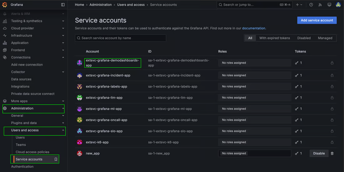 Grafana Administration > Users and access > Service accounts page listing service accounts with the Add service account button