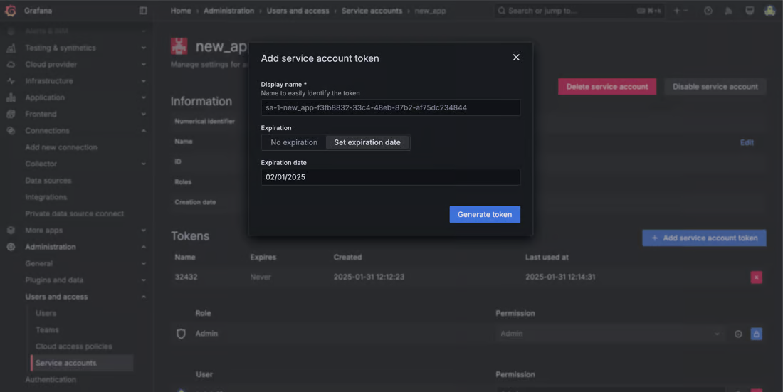 Grafana's Add service account token dialog with Display name, Expiration options and the Generate token button, over a service account page showing the Admin role