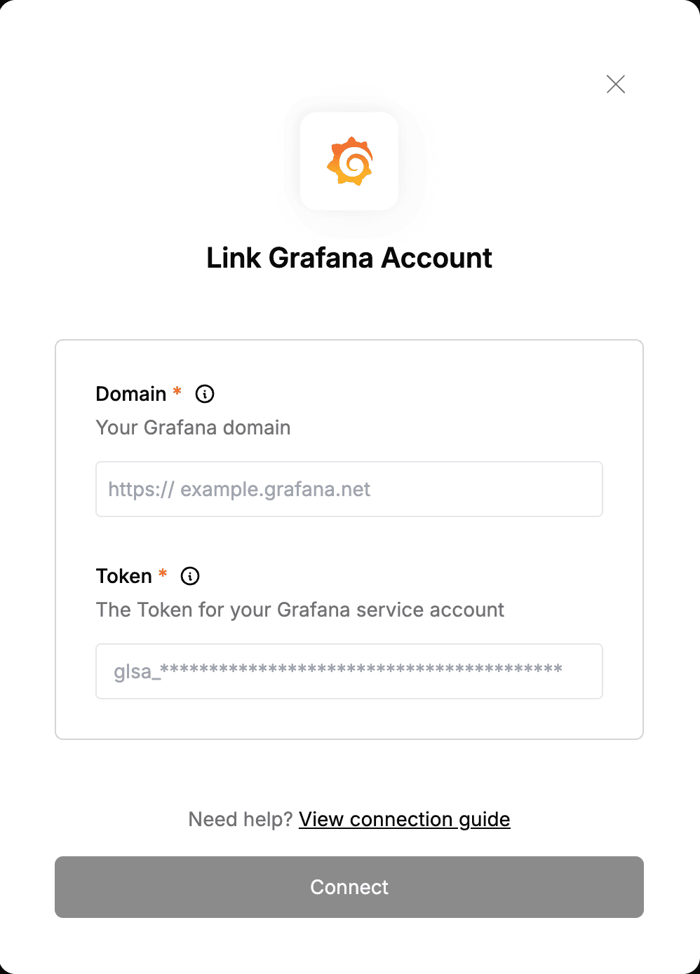 DSALTA's Link Grafana Account panel with a Domain field and a Token field for the Grafana service account token