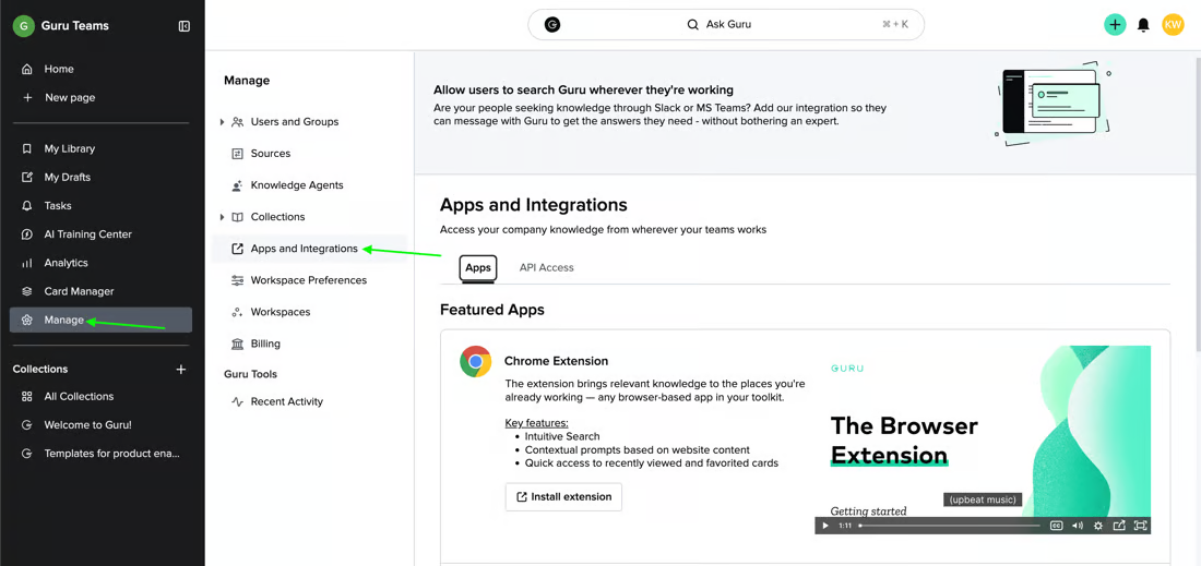 Guru Manage settings with Apps and Integrations selected and the Apps and API Access tabs visible
