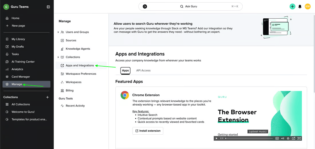 Guru Manage settings with Apps and Integrations selected and the Apps and API Access tabs visible