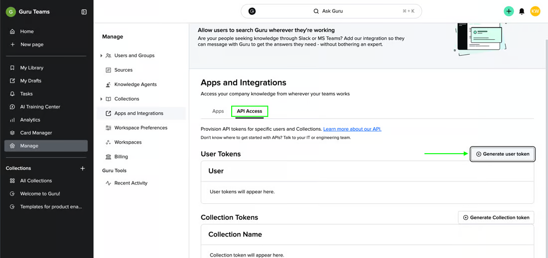 Guru's Apps and Integrations page on the API Access tab, showing the empty User Tokens table and the Generate user token button