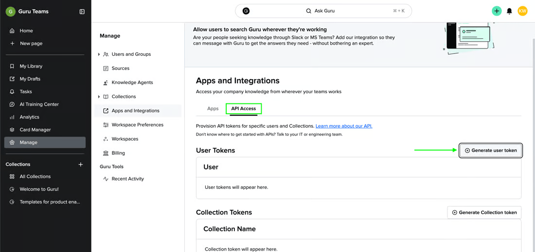 Guru's Apps and Integrations page on the API Access tab, showing the empty User Tokens table and the Generate user token button
