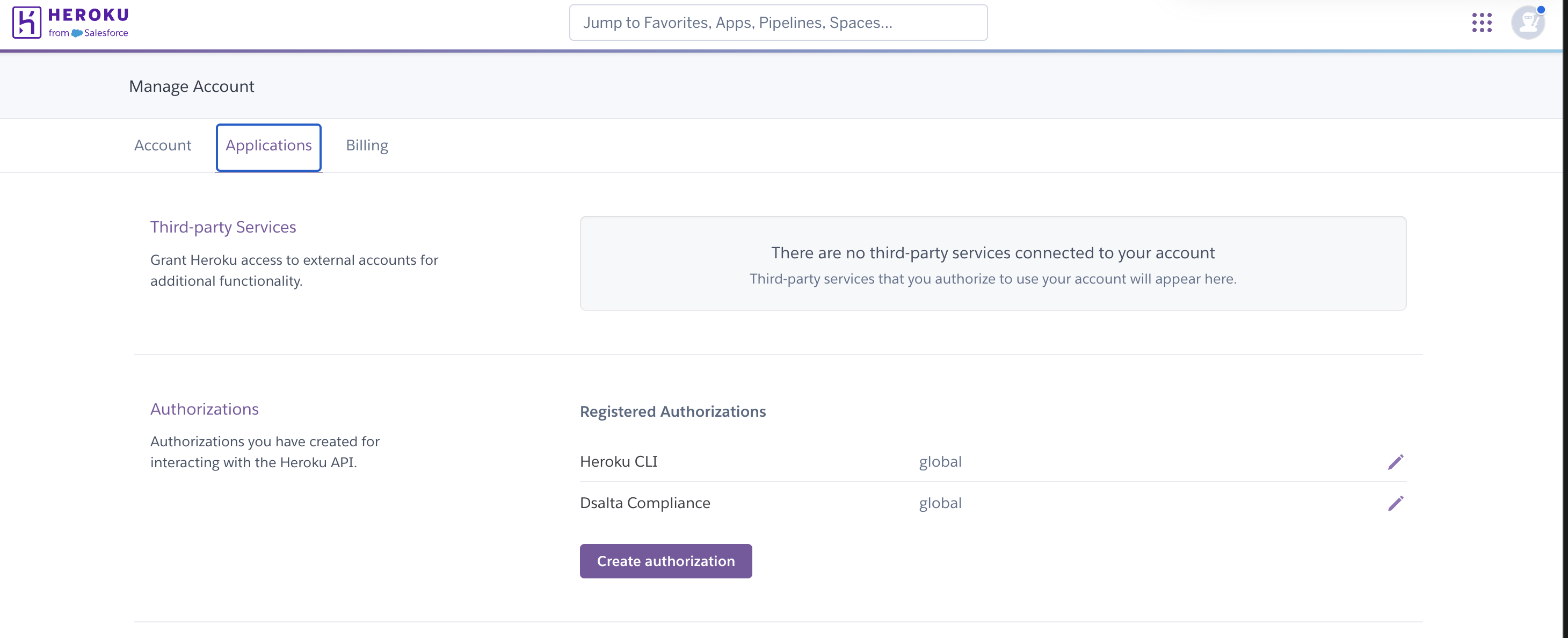 Heroku Manage Account with the Applications tab selected and the Create authorization button under Authorizations