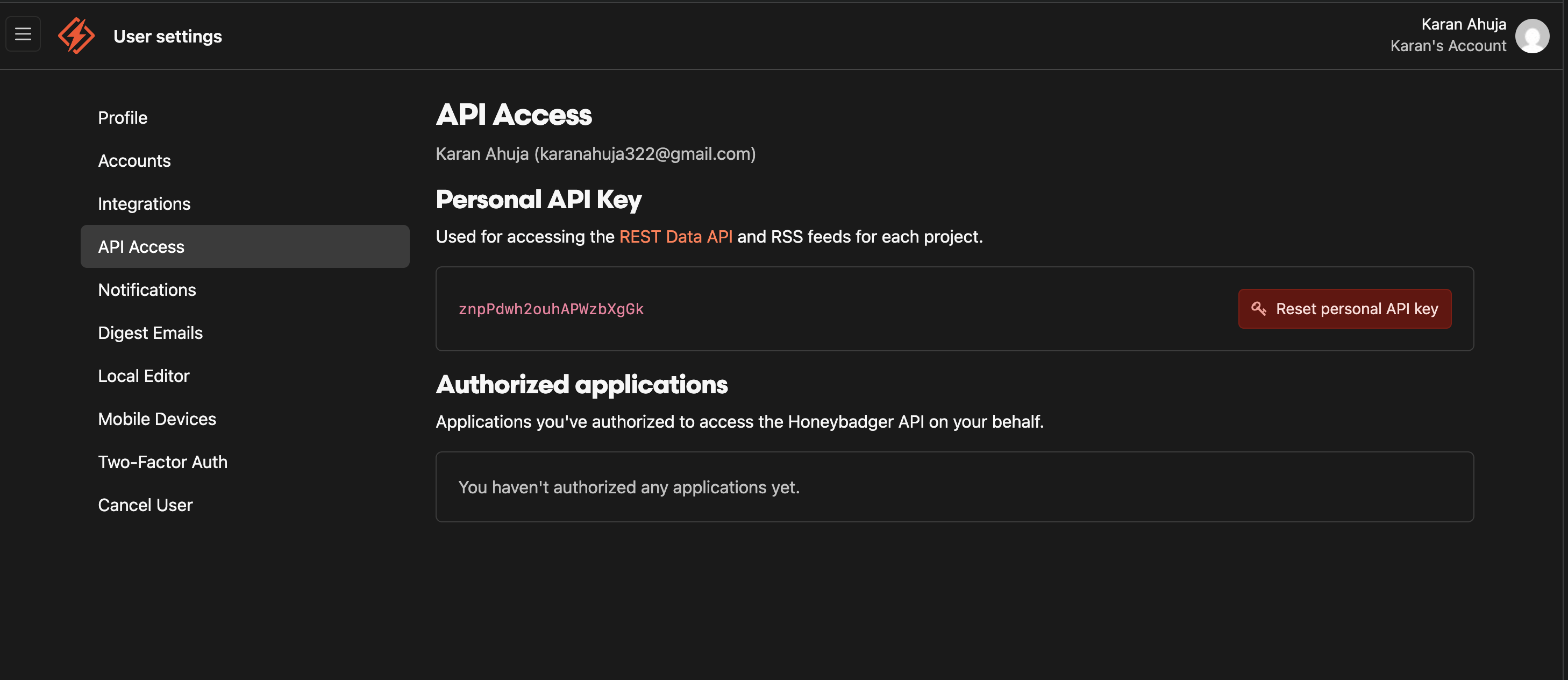 Honeybadger User settings with API Access selected, showing the Personal API Key and a Reset personal API key button