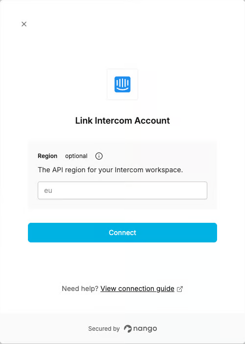 DSALTA Link Intercom Account panel with an optional Region field and a Connect button