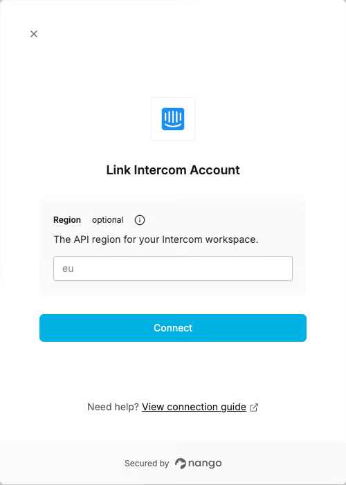 DSALTA Link Intercom Account panel with an optional Region field and a Connect button