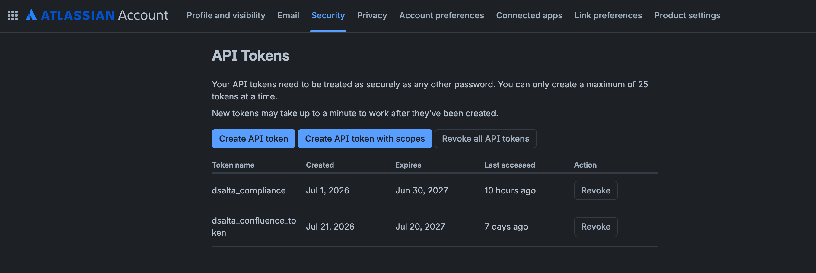Atlassian Account Security page showing the API Tokens screen with Create API token, Create API token with scopes and Revoke all API tokens buttons above a list of existing tokens