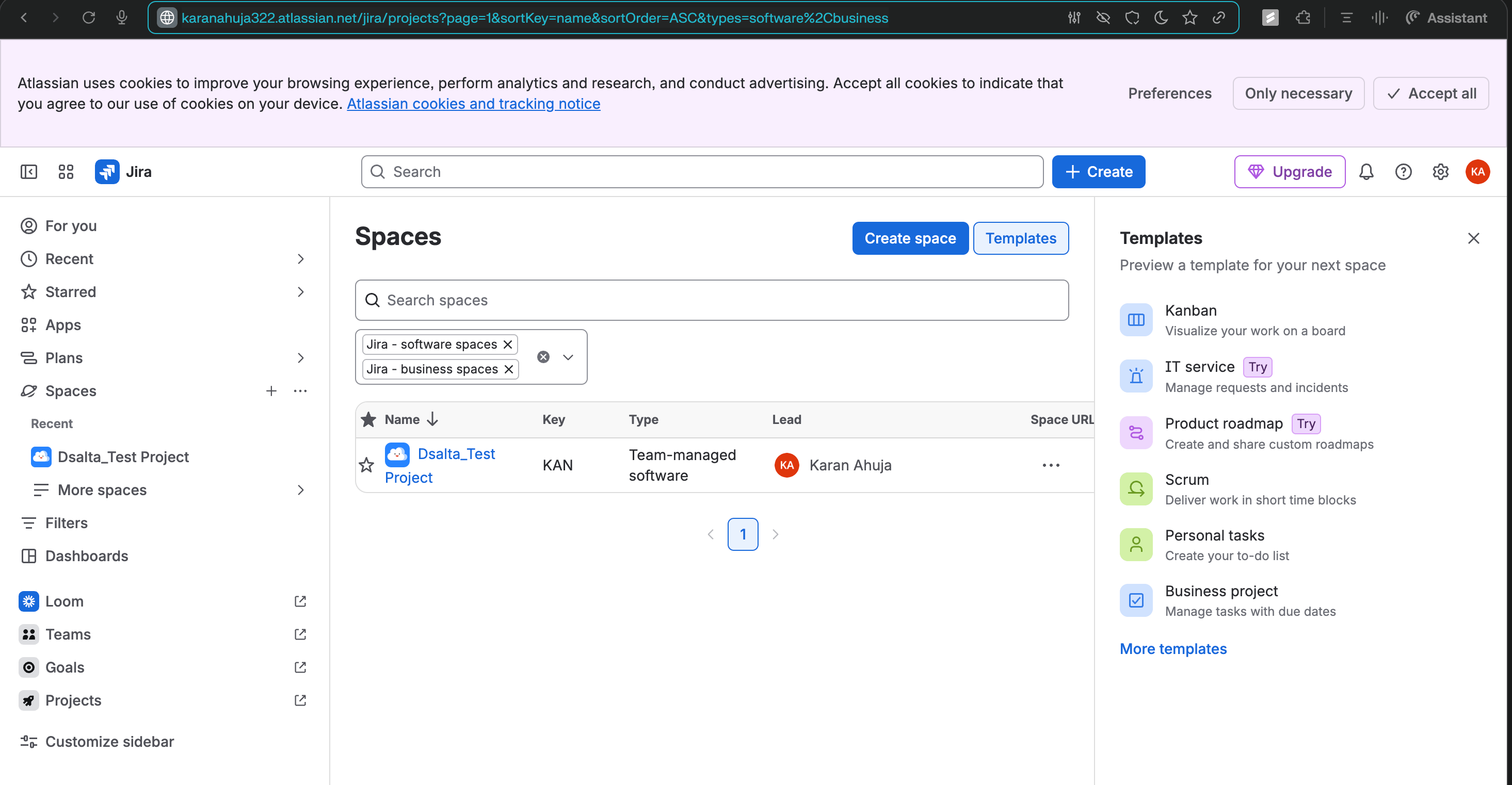 Jira Cloud in a browser with the address bar showing karanahuja322.atlassian.net, alongside the Spaces list