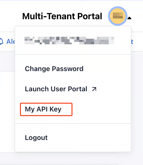 JumpCloud Admin Portal account menu opened from the top-right avatar, with My API Key highlighted among Change Password, Launch User Portal and Logout