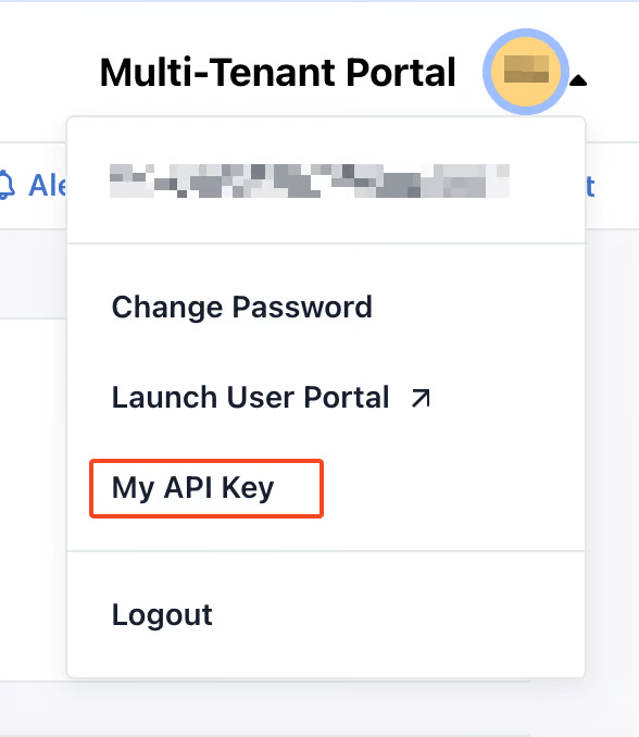 JumpCloud Admin Portal account menu opened from the top-right avatar, with My API Key highlighted among Change Password, Launch User Portal and Logout