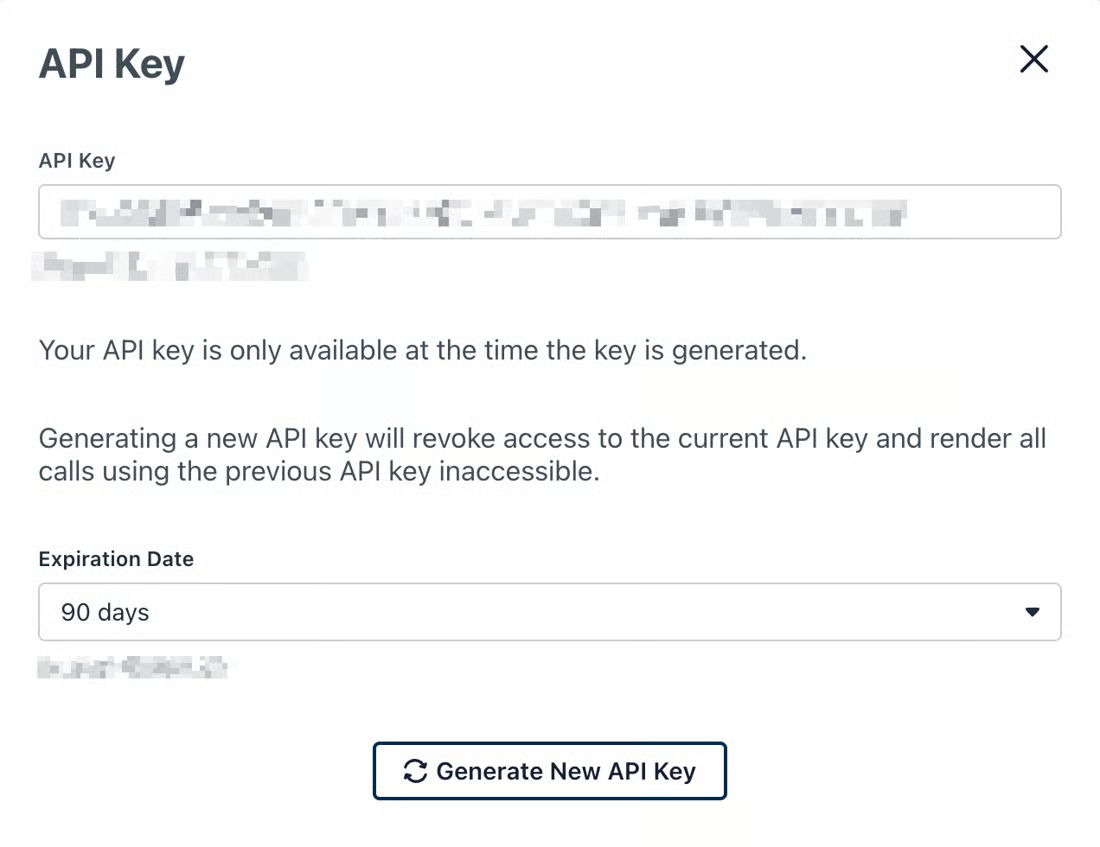 JumpCloud API Key dialog with the key field blurred, an Expiration Date set to 90 days, and a Generate New API Key button