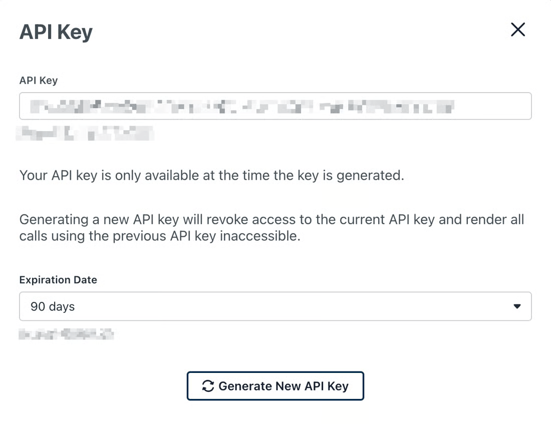 JumpCloud API Key dialog with the key field blurred, an Expiration Date set to 90 days, and a Generate New API Key button